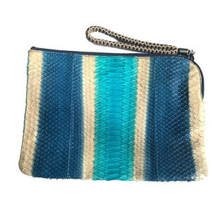 Nada SAWAYA Python Pouch Medium Size Blue Turquoise Cream Stripes